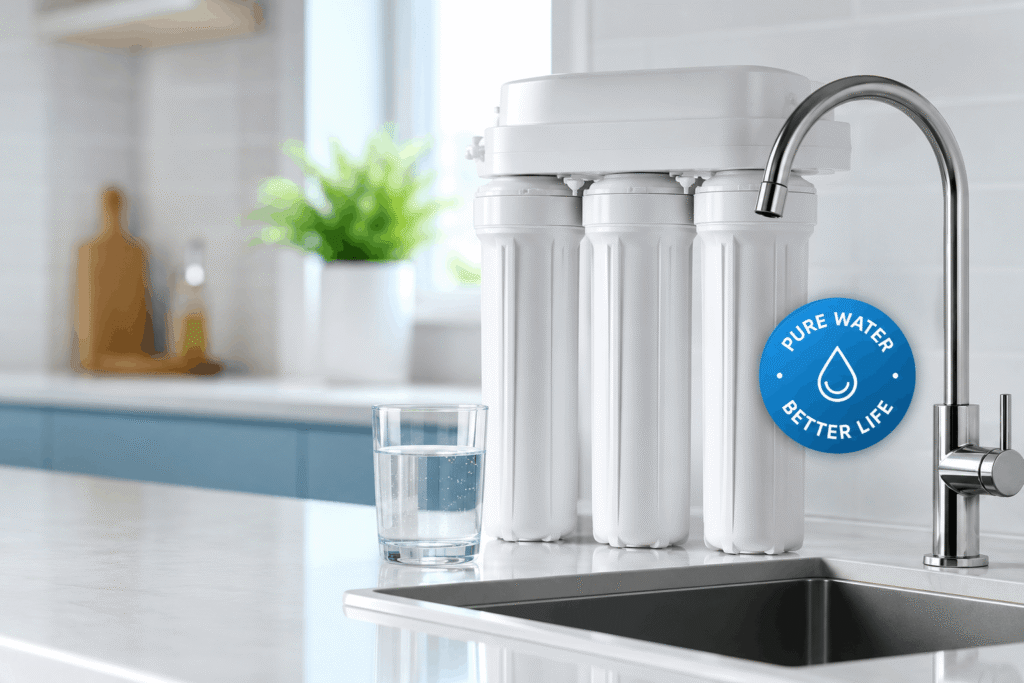 Best RO water filter system installed beside a modern kitchen sink with a glass of clean drinking water for home water filtration.
