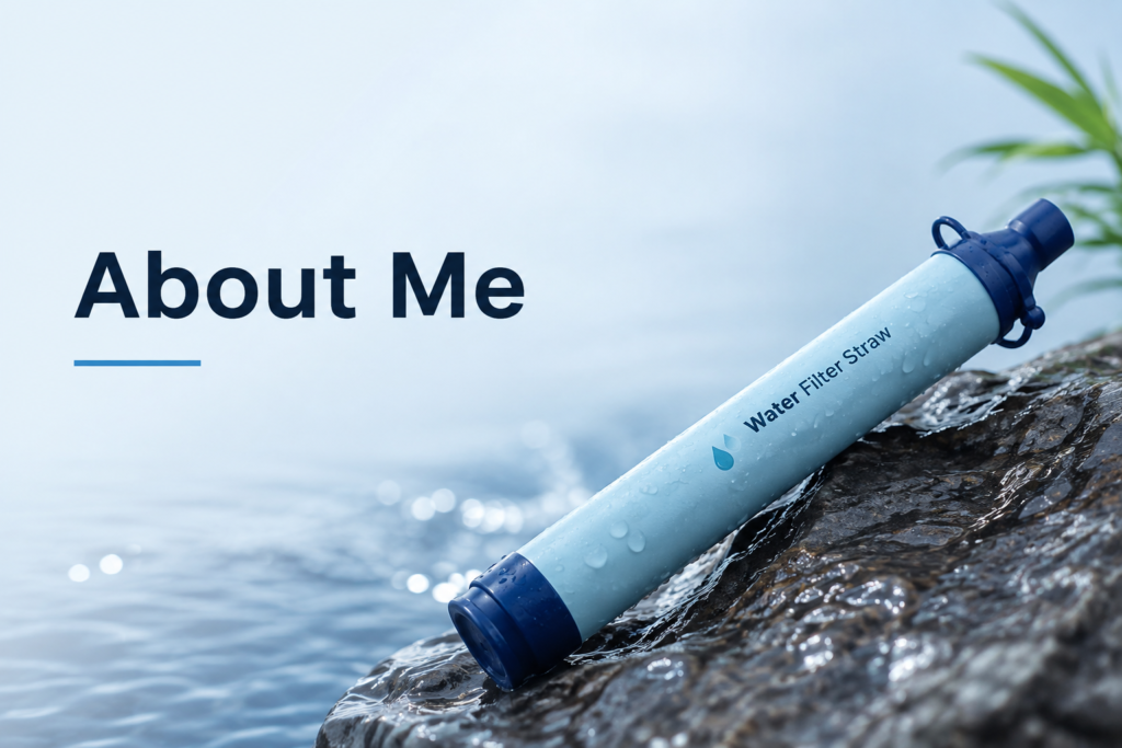 About Me banner featuring a portable water filter straw on a natural rock with clean water, representing expert outdoor water filtration reviews and buying guides.
