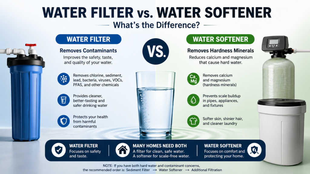 Water filter vs water softener comparison showing contaminant removal and hard water treatment