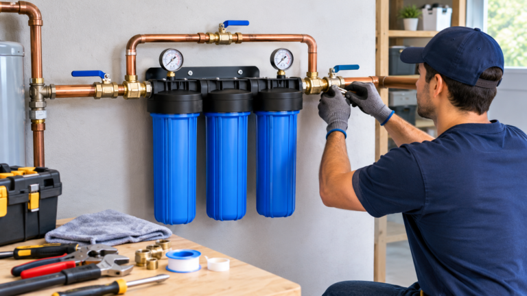 ow to install a whole house water filter with plumbing connections and filter housings